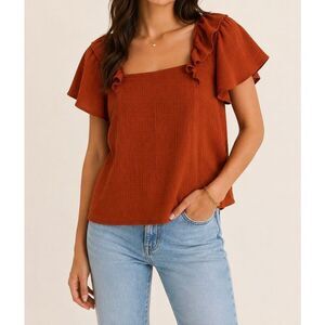 Madewell Rust Orange Textured Ruffle Sleeve Blouse Size Large